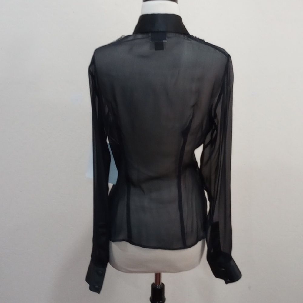 Just Cavalli Sheer Black Silk Blouse with Leopard Ruffle & Satin Trim - 44 / L - Picture 7 of 11